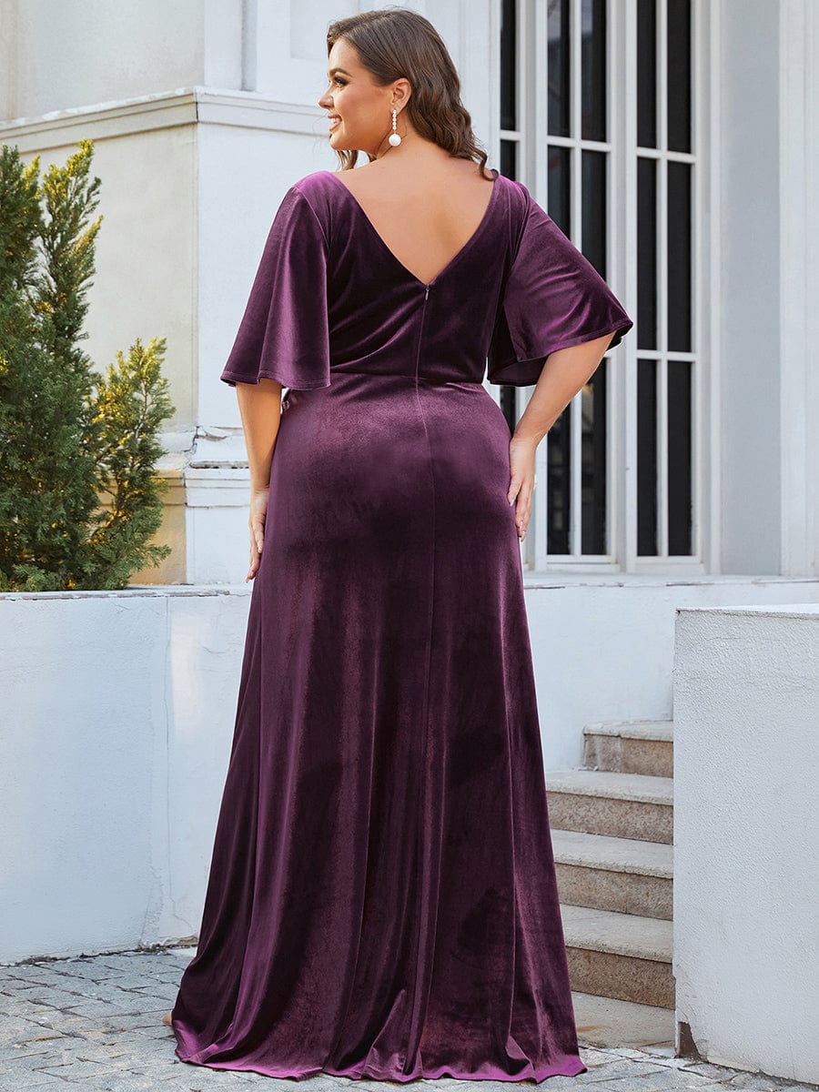 Elegant Double V Neck Velvet Party Dress for Women #color_Dark Purple