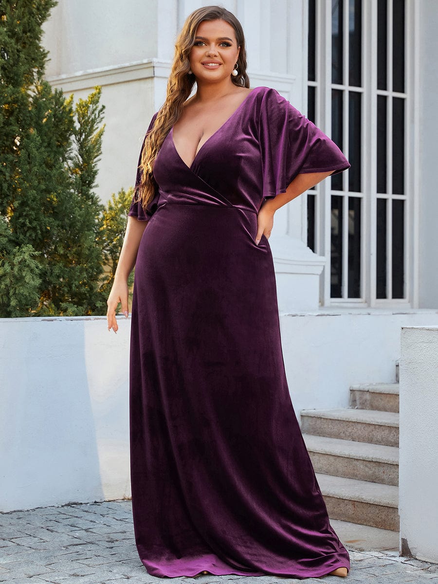 Vintage Plus Size Floor Length Velvet Evening Dress #color_Dark Purple