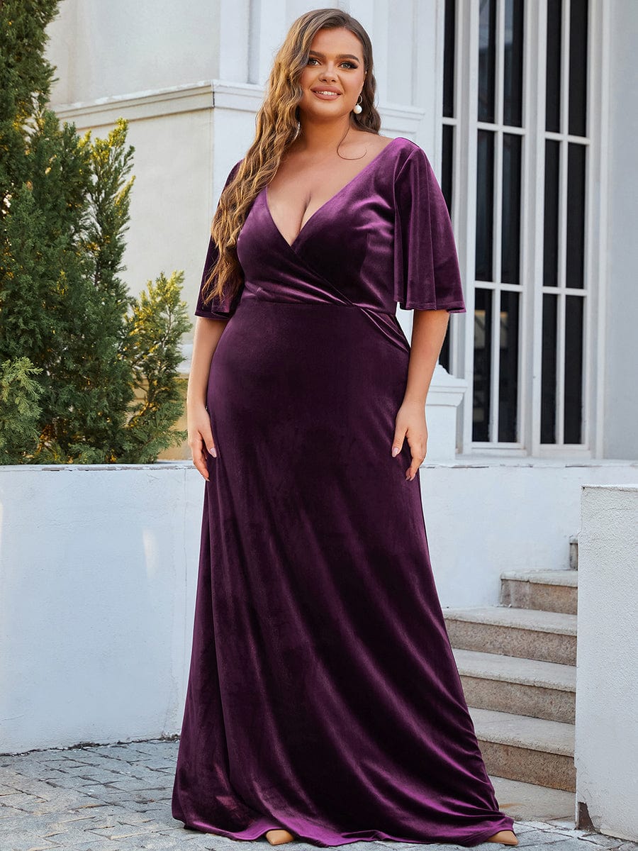 Vintage Plus Size Floor Length Velvet Evening Dress #color_Dark Purple