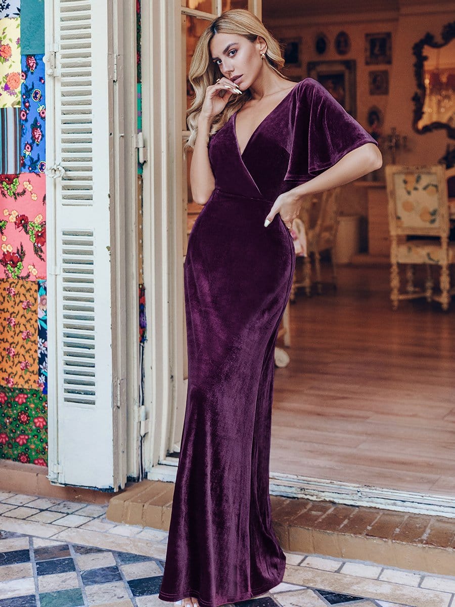 Elegant Double V Neck Velvet Party Dress for Women #color_Dark Purple