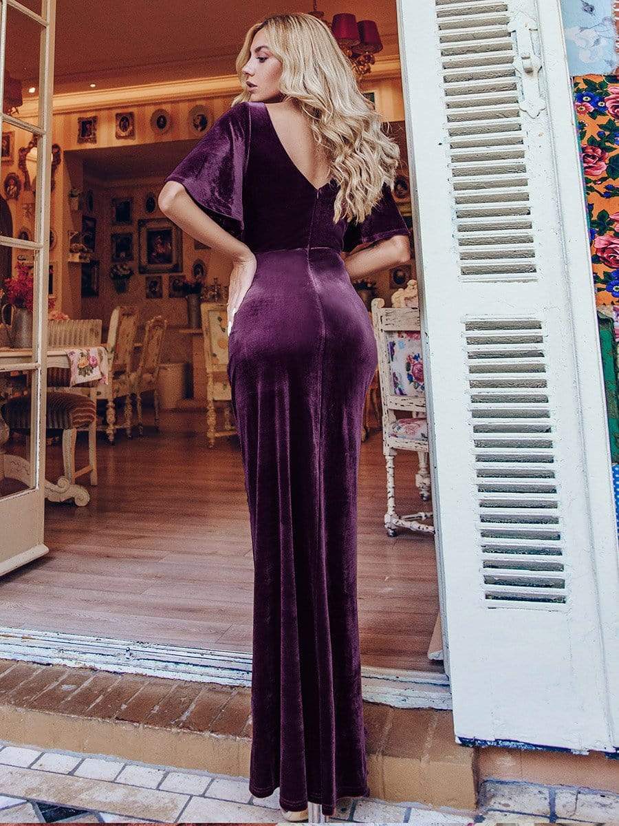 Vintage Plus Size Floor Length Velvet Evening Dress #color_Dark Purple