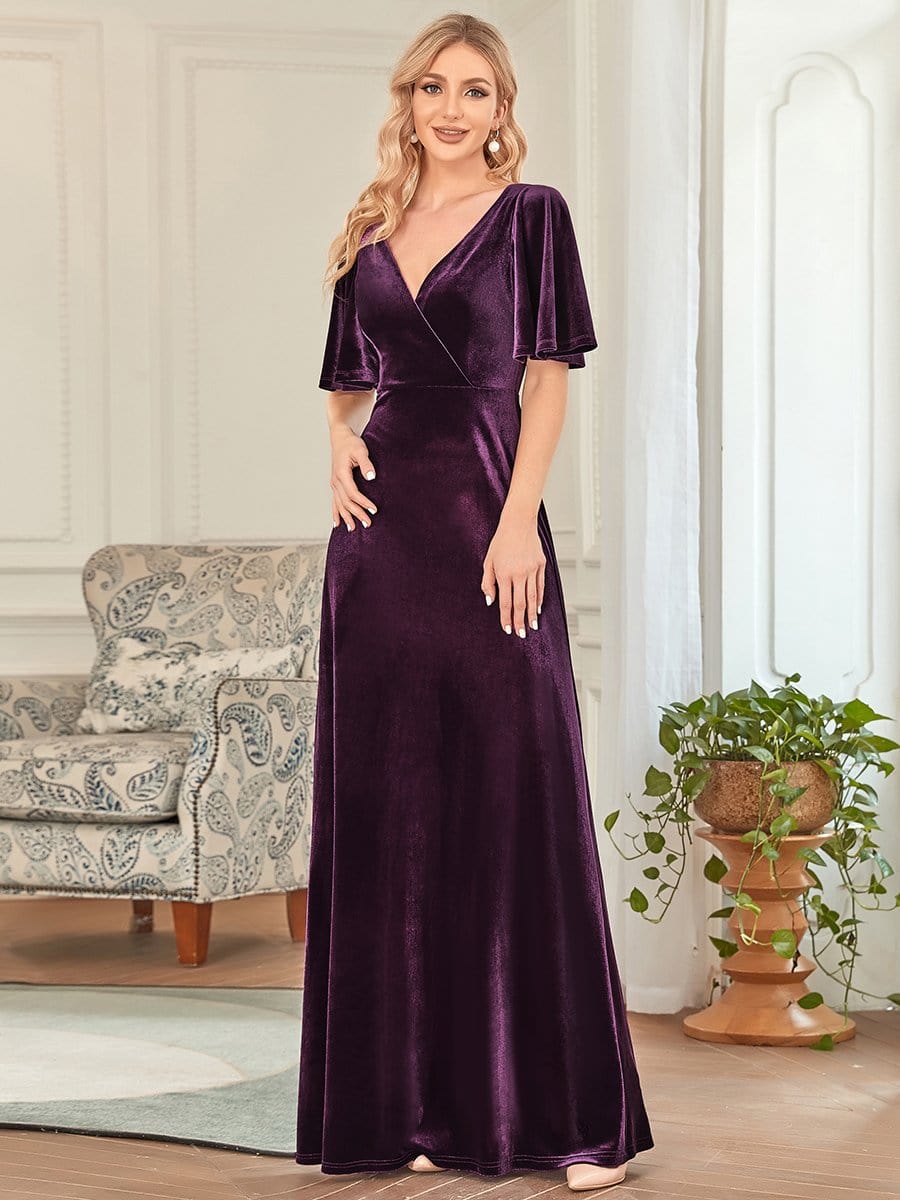 Elegant Double V Neck Velvet Party Dress for Women #color_Dark Purple