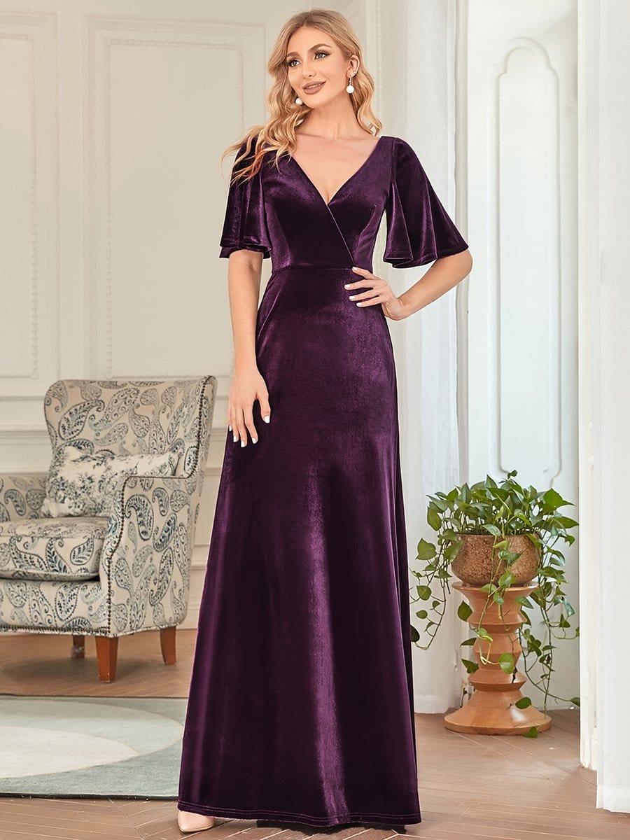 Elegant Double V Neck Velvet Party Dress for Women #color_Dark Purple