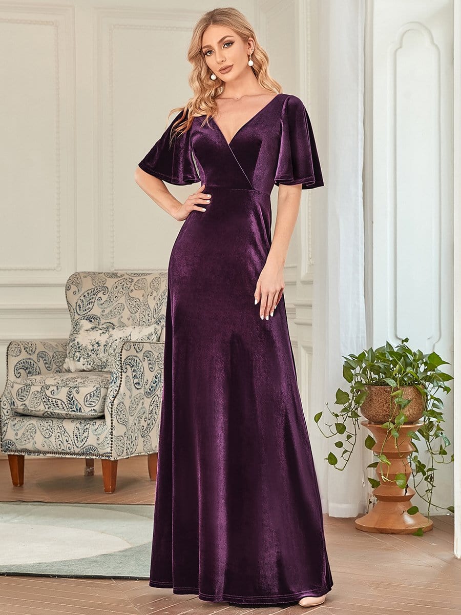 Elegant Double V Neck Velvet Party Dress for Women #color_Dark Purple