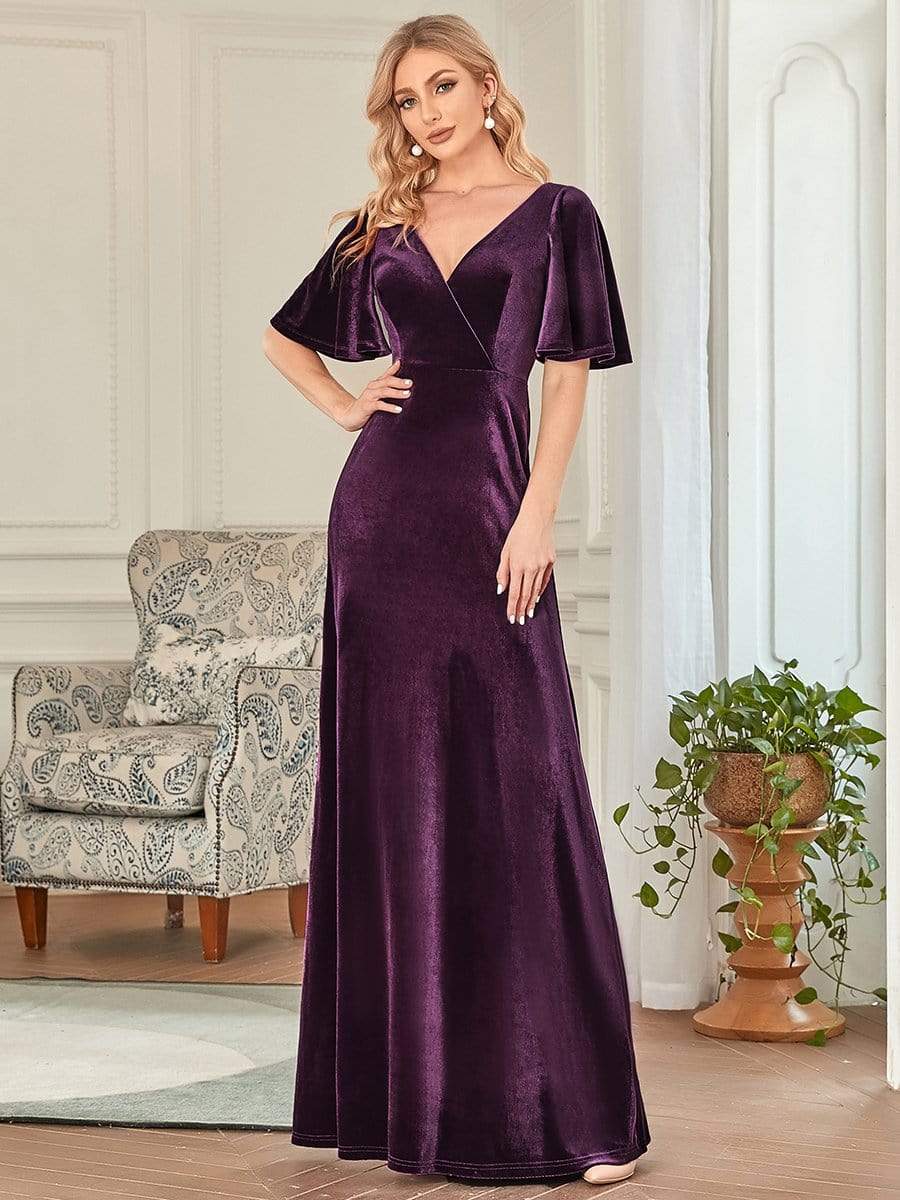 Vintage Plus Size Floor Length Velvet Evening Dress #color_Dark Purple