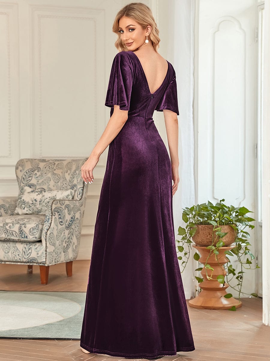 Custom Size Elegant Double V Neck Velvet Bridesmaid Dress #color_Dark Purple