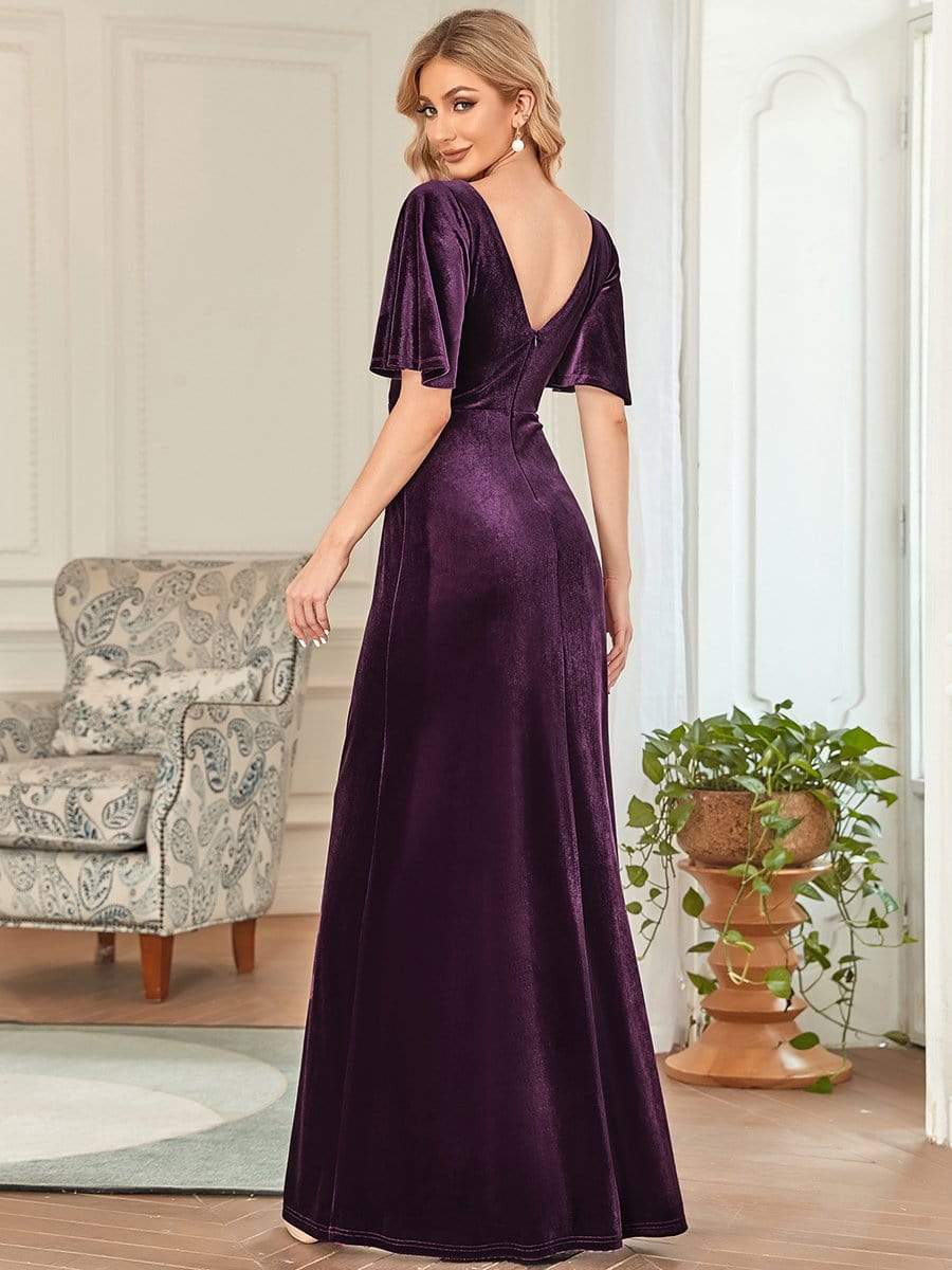 Vintage Plus Size Floor Length Velvet Evening Dress #color_Dark Purple