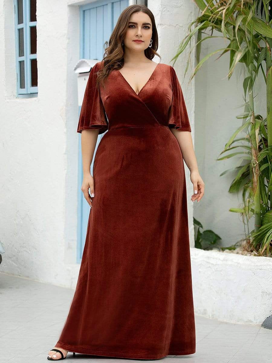 Elegant Double V Neck Velvet Party Dress for Women #color_Brick Red