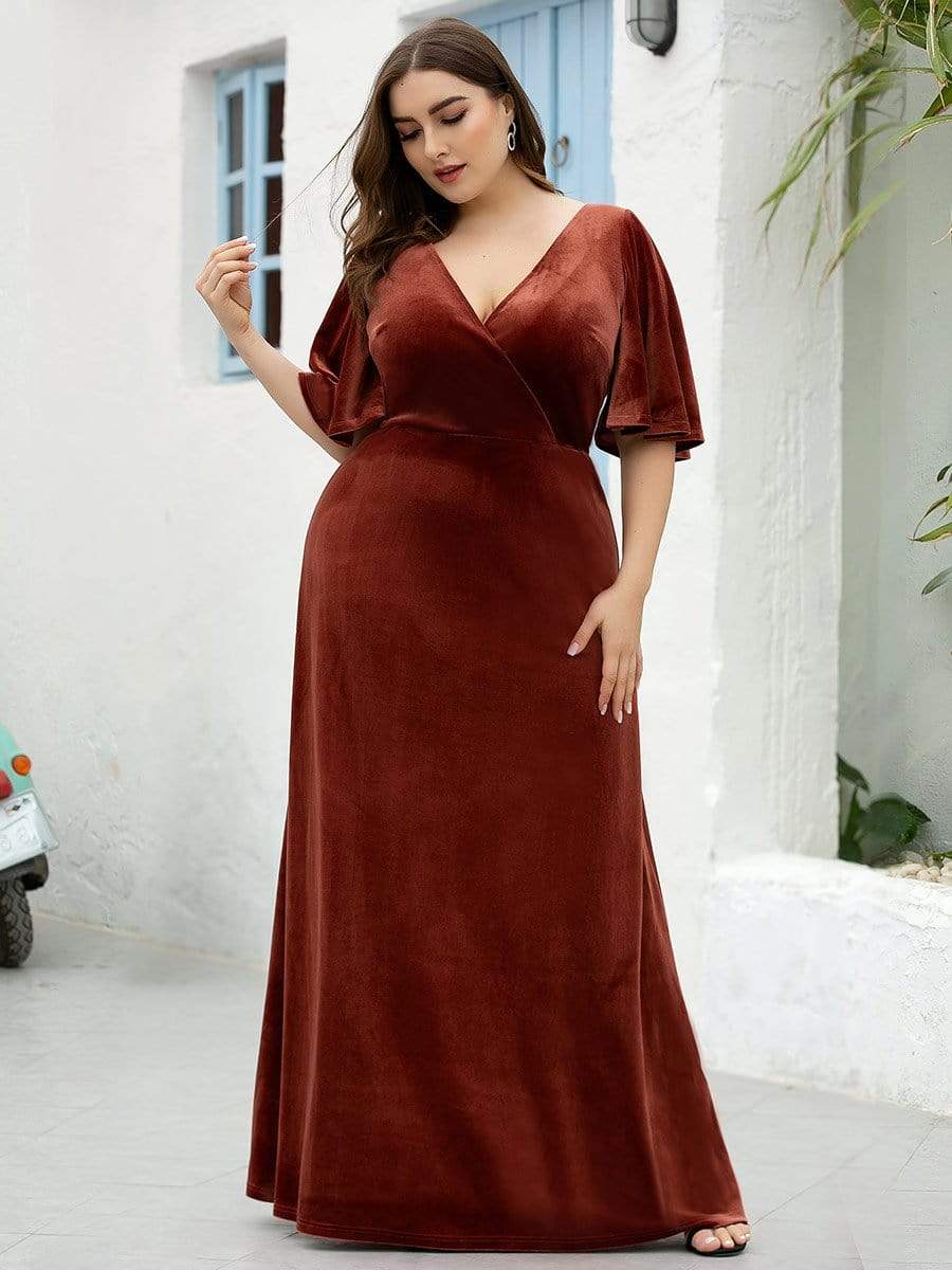 Vintage Plus Size Floor Length Velvet Evening Dress #color_Brick Red