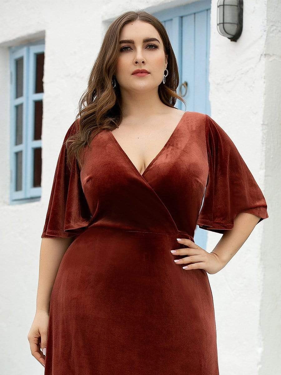 Vintage Plus Size Floor Length Velvet Evening Dress #color_Brick Red