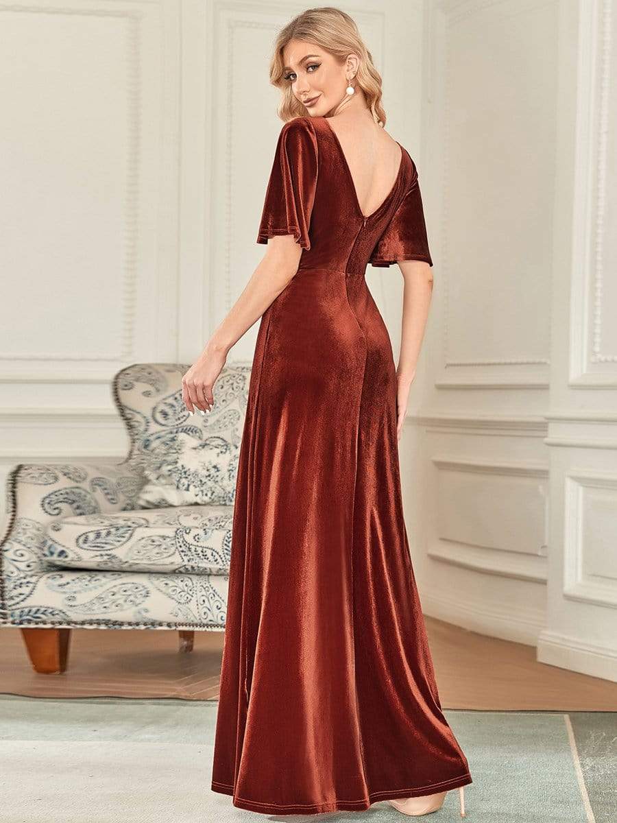 Elegant Double V Neck Velvet Party Dress for Women #color_Brick Red