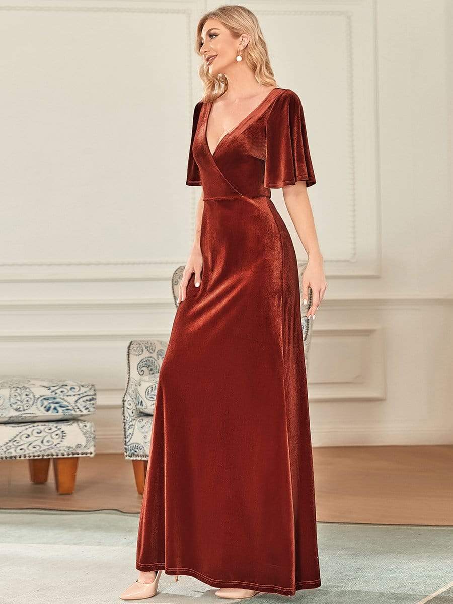 Elegant Double V Neck Velvet Party Dress for Women #color_Brick Red