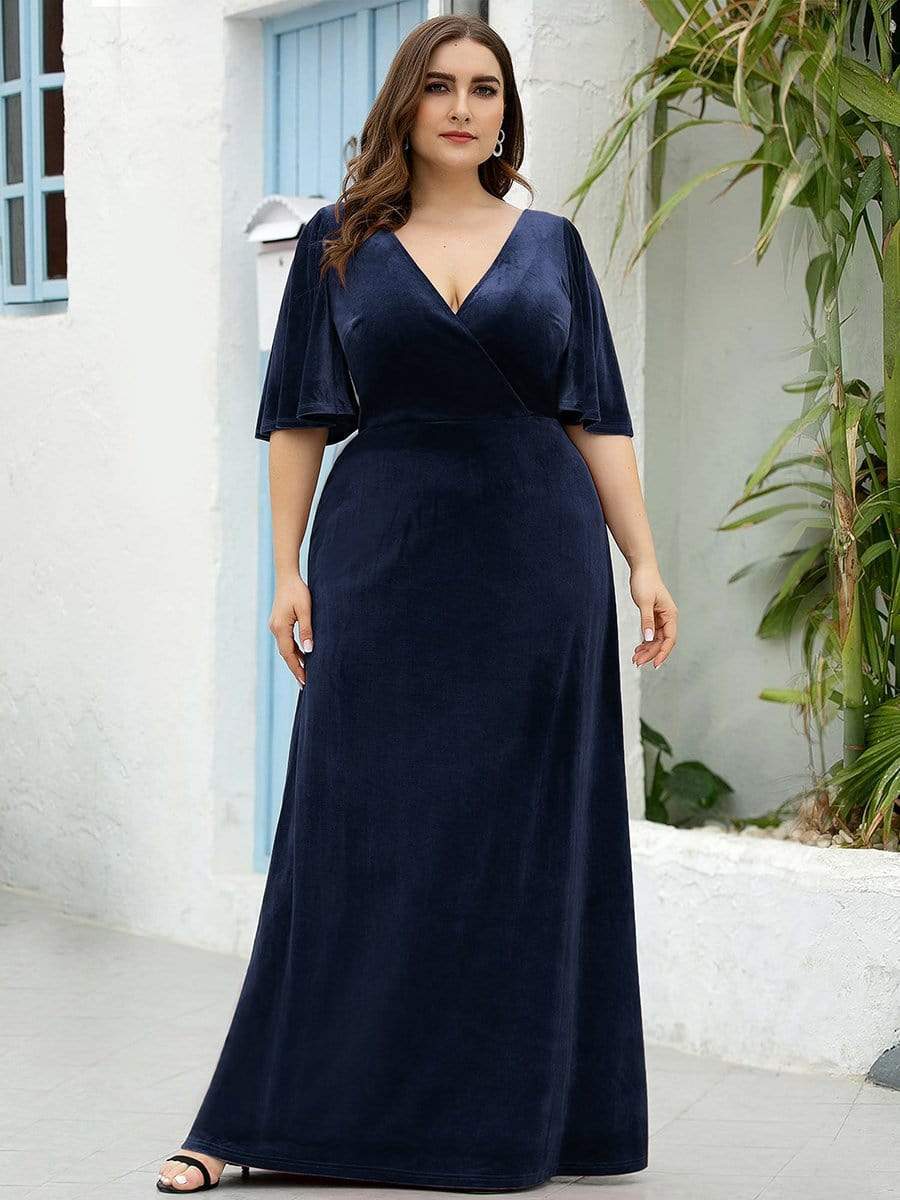 Vintage Plus Size Floor Length Velvet Evening Dress #color_Navy Blue