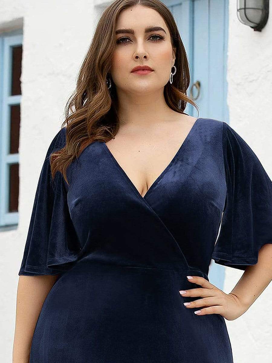 Vintage Plus Size Floor Length Velvet Evening Dress #color_Navy Blue