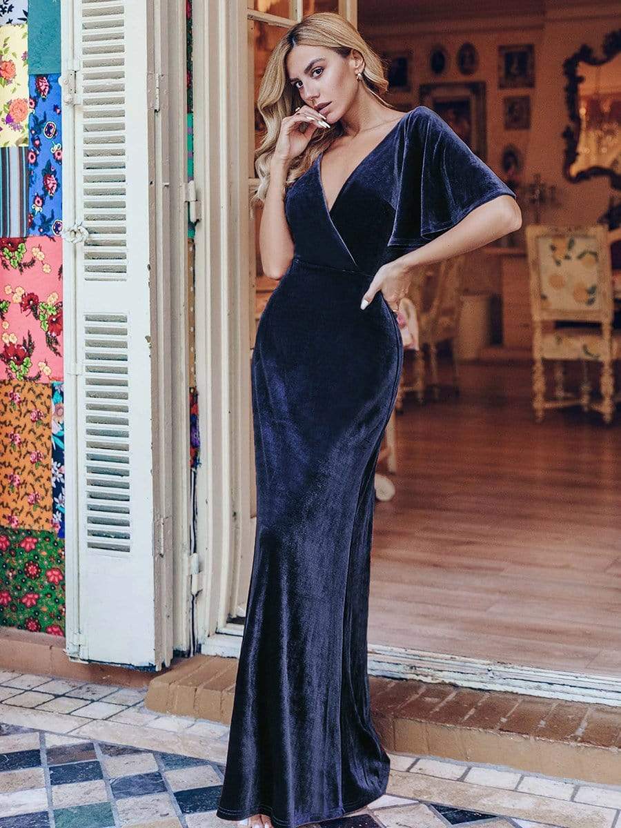 Vintage Plus Size Floor Length Velvet Evening Dress #color_Navy Blue