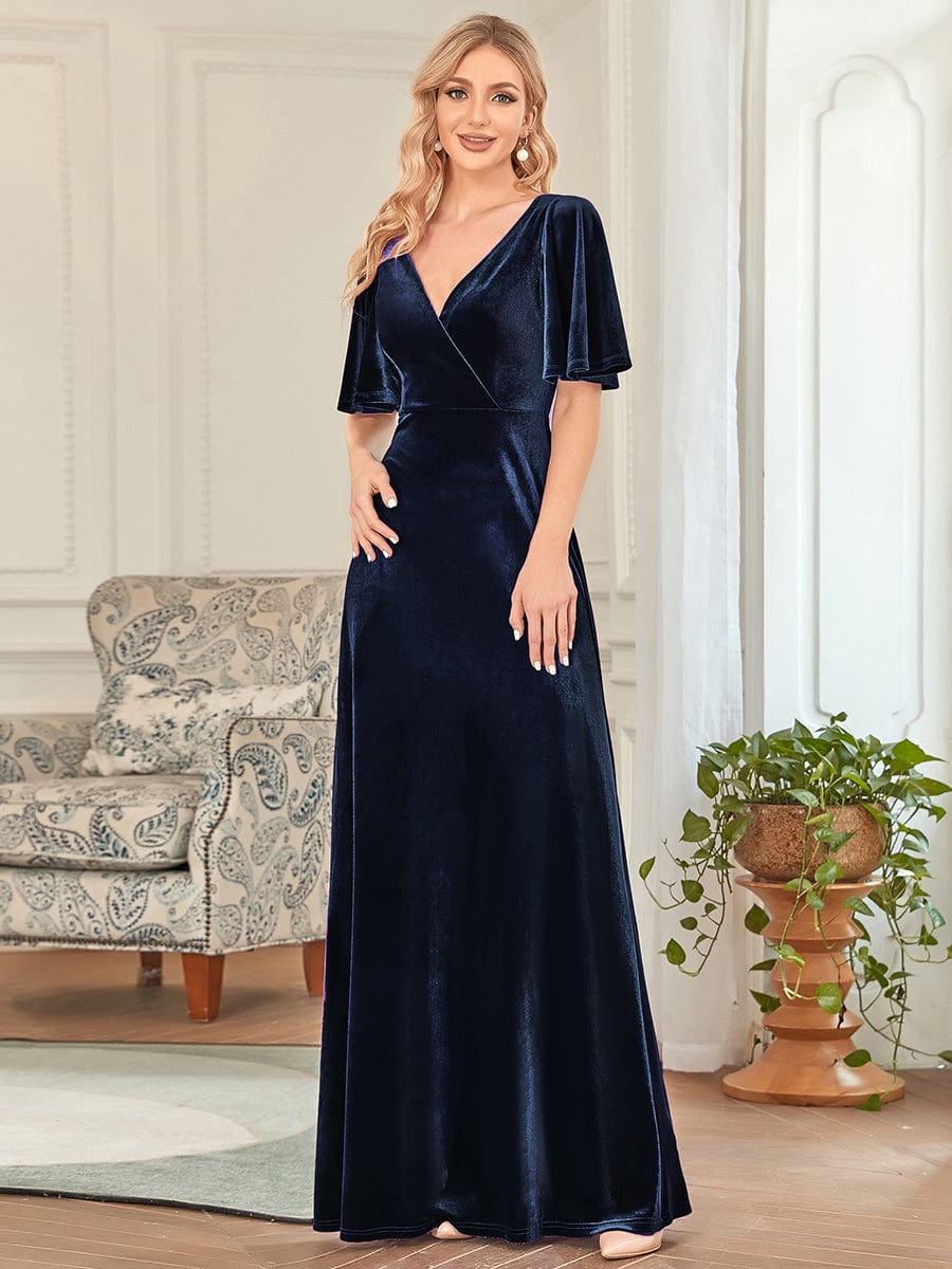 Custom Size Elegant Double V Neck Velvet Bridesmaid Dress #color_Navy Blue