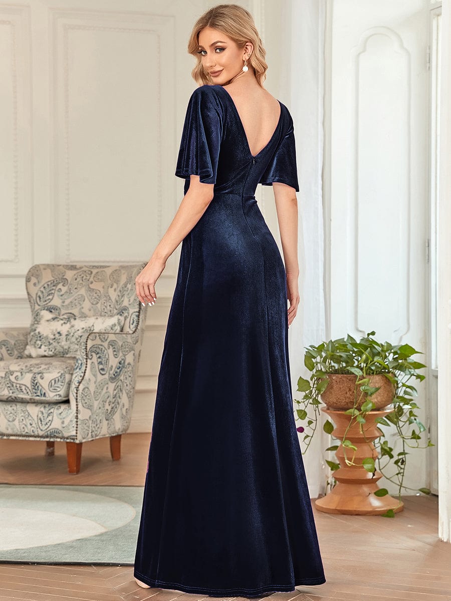 Elegant Double V Neck Velvet Party Dress for Women #color_Navy Blue