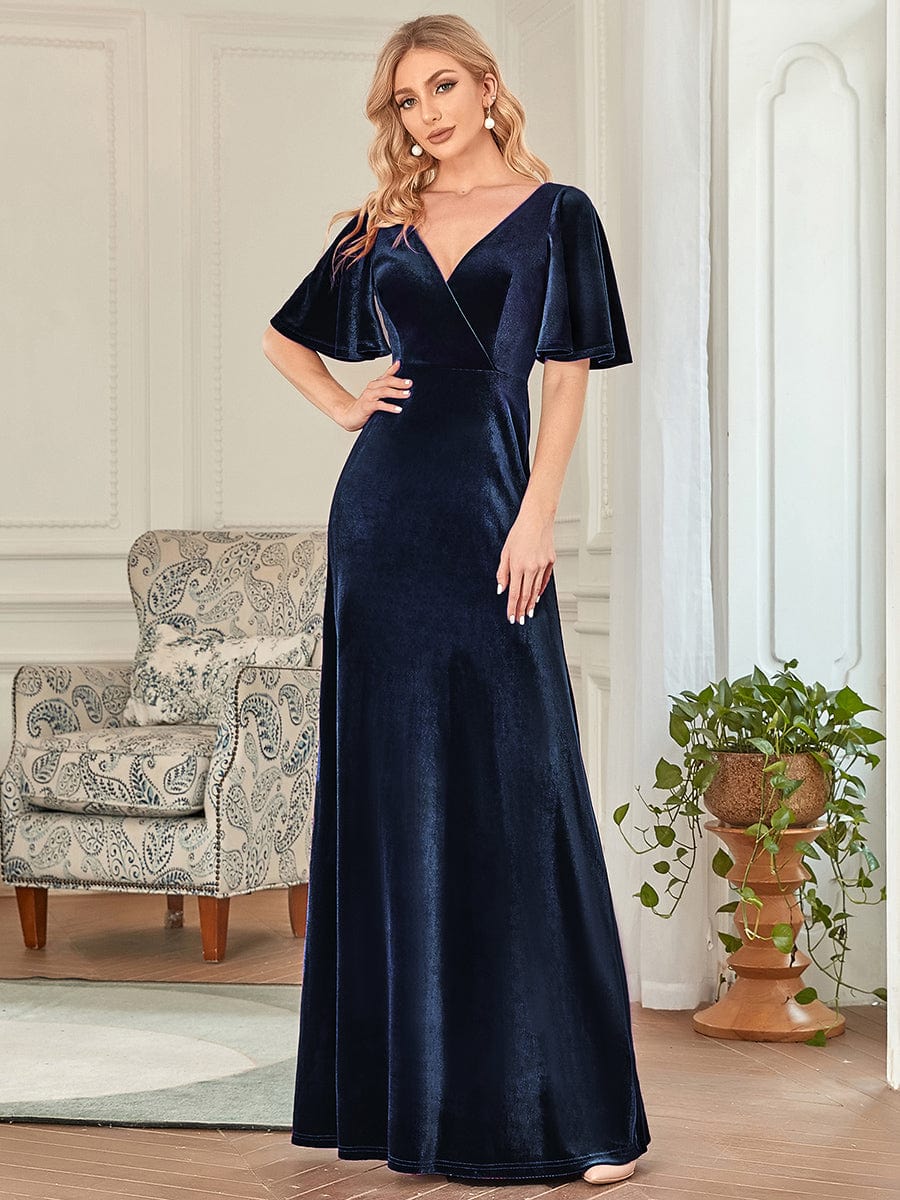 Custom Size Elegant Double V Neck Velvet Bridesmaid Dress #color_Navy Blue