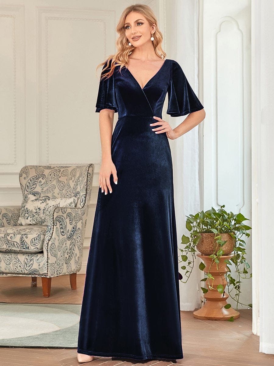 Custom Size Elegant Double V Neck Velvet Bridesmaid Dress #color_Navy Blue