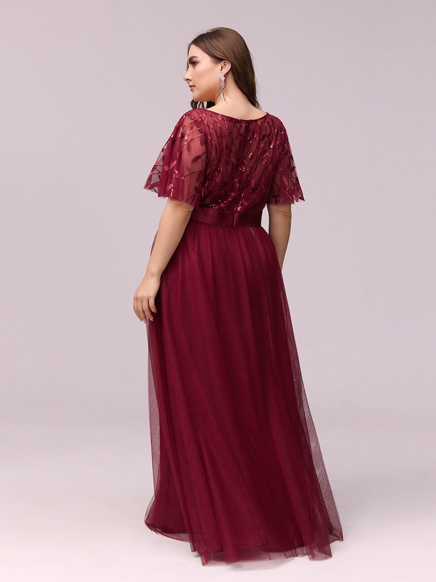 Plus Size Women's Embroidery Bridesmaid Dress with Short Sleeve #color_Burgundy