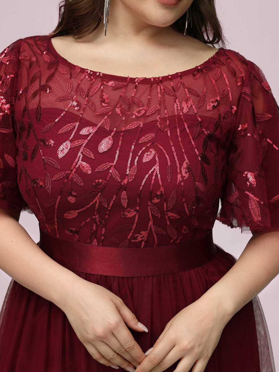 Plus Size Women's Embroidery Bridesmaid Dress with Short Sleeve #color_Burgundy