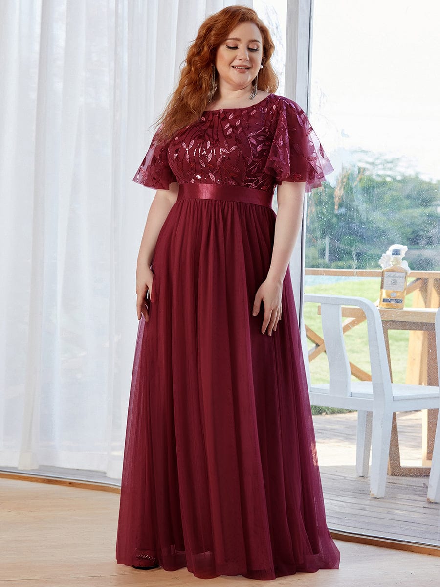 Women's A-Line Short Sleeve Embroidery Floor Length Wedding Guest Dresses #color_Burgundy