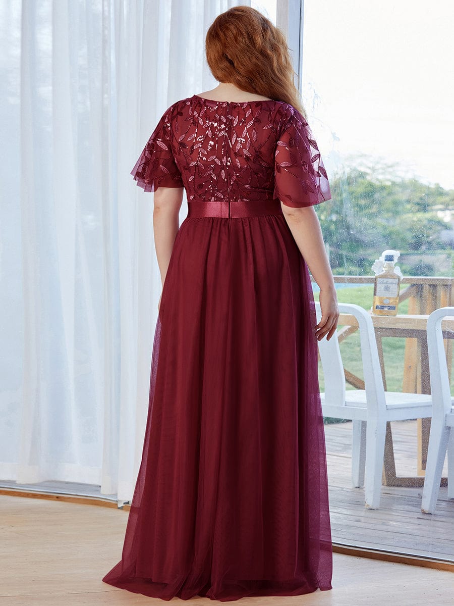 Women's A-Line Short Sleeve Embroidery Floor Length Wedding Guest Dresses #color_Burgundy