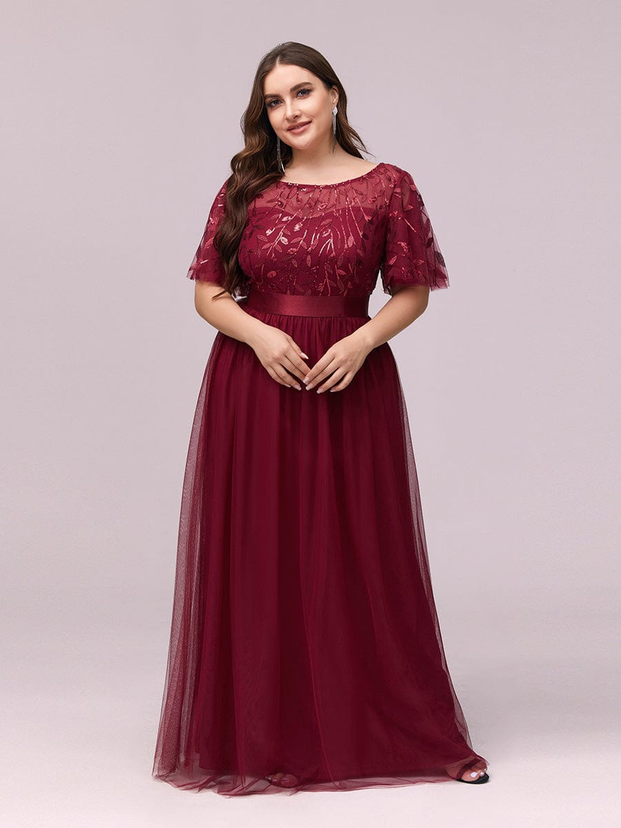 Plus Size Women's Embroidery Bridesmaid Dress with Short Sleeve #color_Burgundy