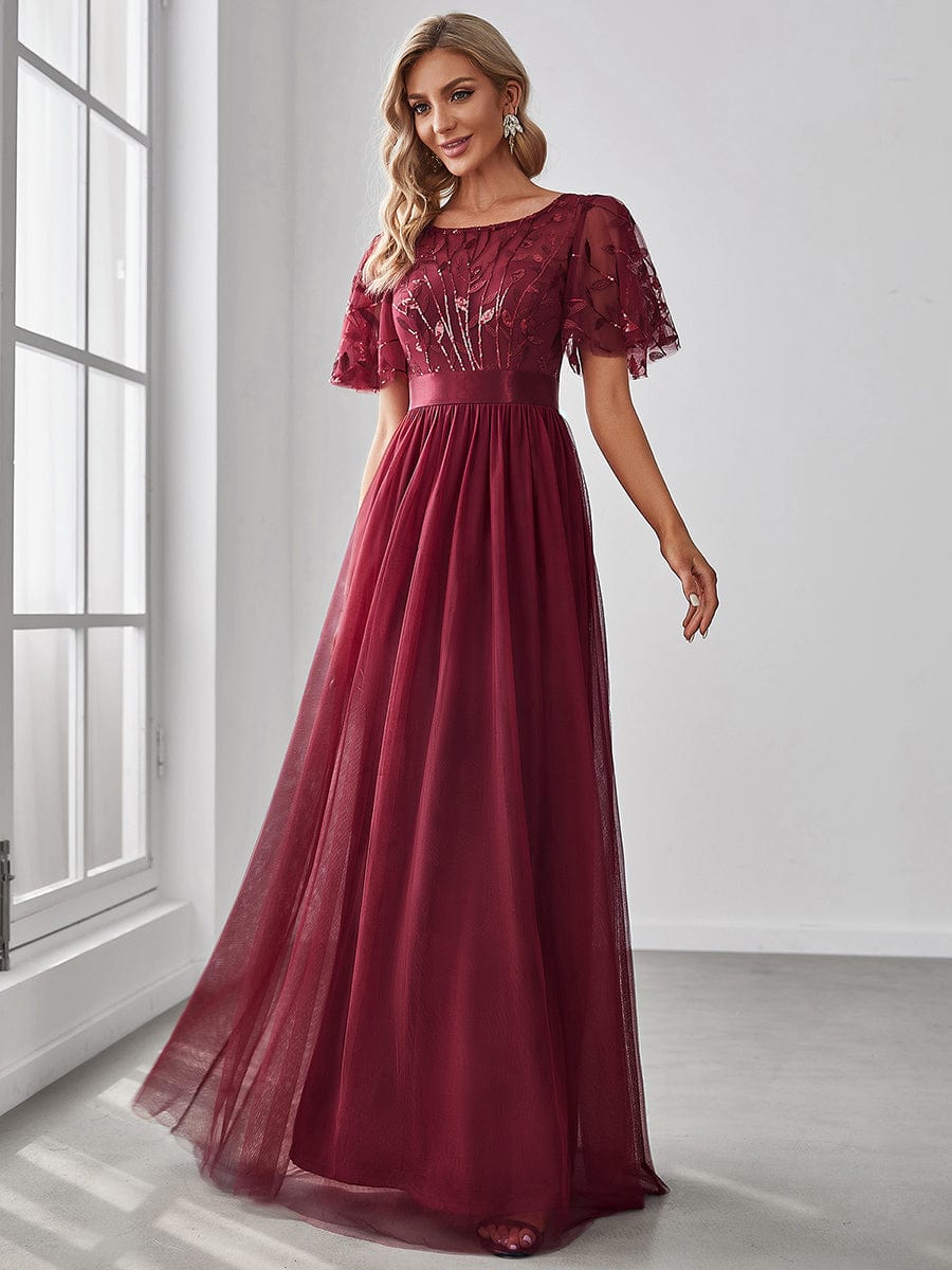 Women's A-Line Short Sleeve Embroidery Floor Length Wedding Guest Dresses #color_Burgundy