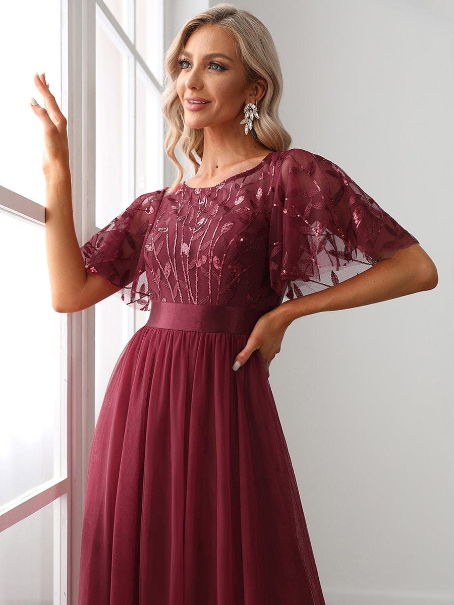 Women's A-Line Short Sleeve Embroidery Floor Length Wedding Guest Dresses #color_Burgundy