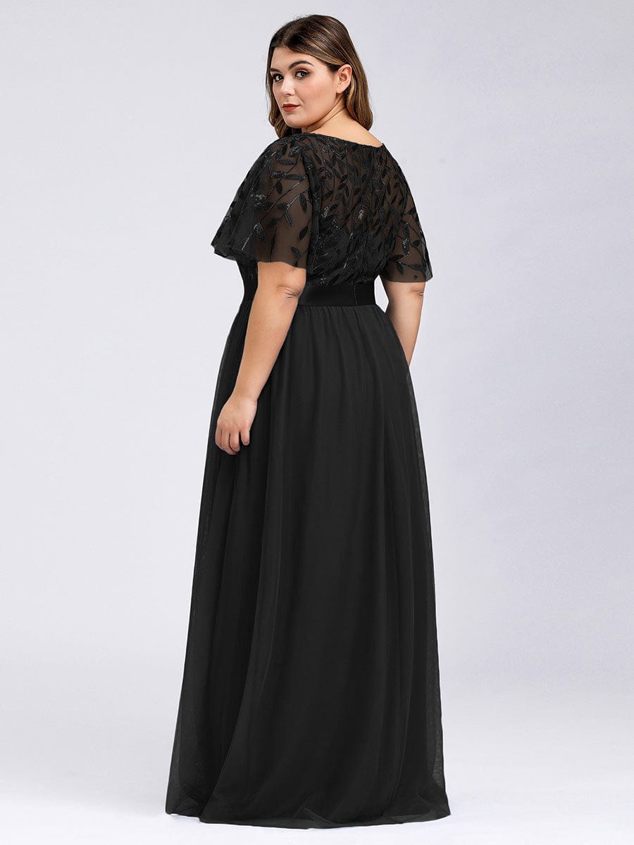 Plus Size Women's Embroidery Bridesmaid Dress with Short Sleeve #color_Black