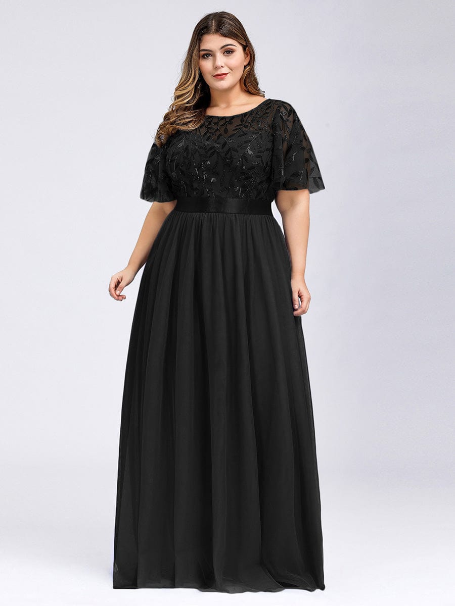 Plus Size Women's Embroidery Bridesmaid Dress with Short Sleeve #color_Black