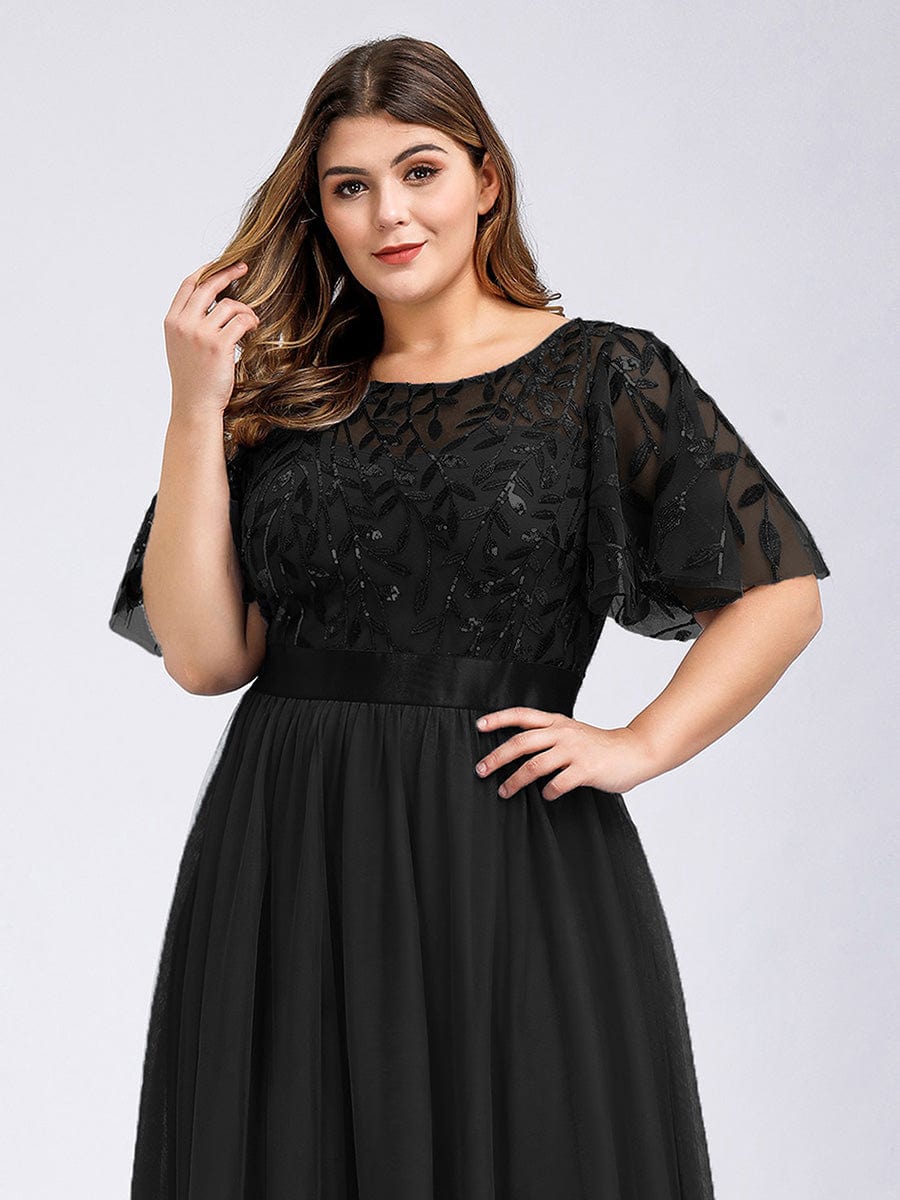 Plus Size Women's Embroidery Bridesmaid Dress with Short Sleeve #color_Black