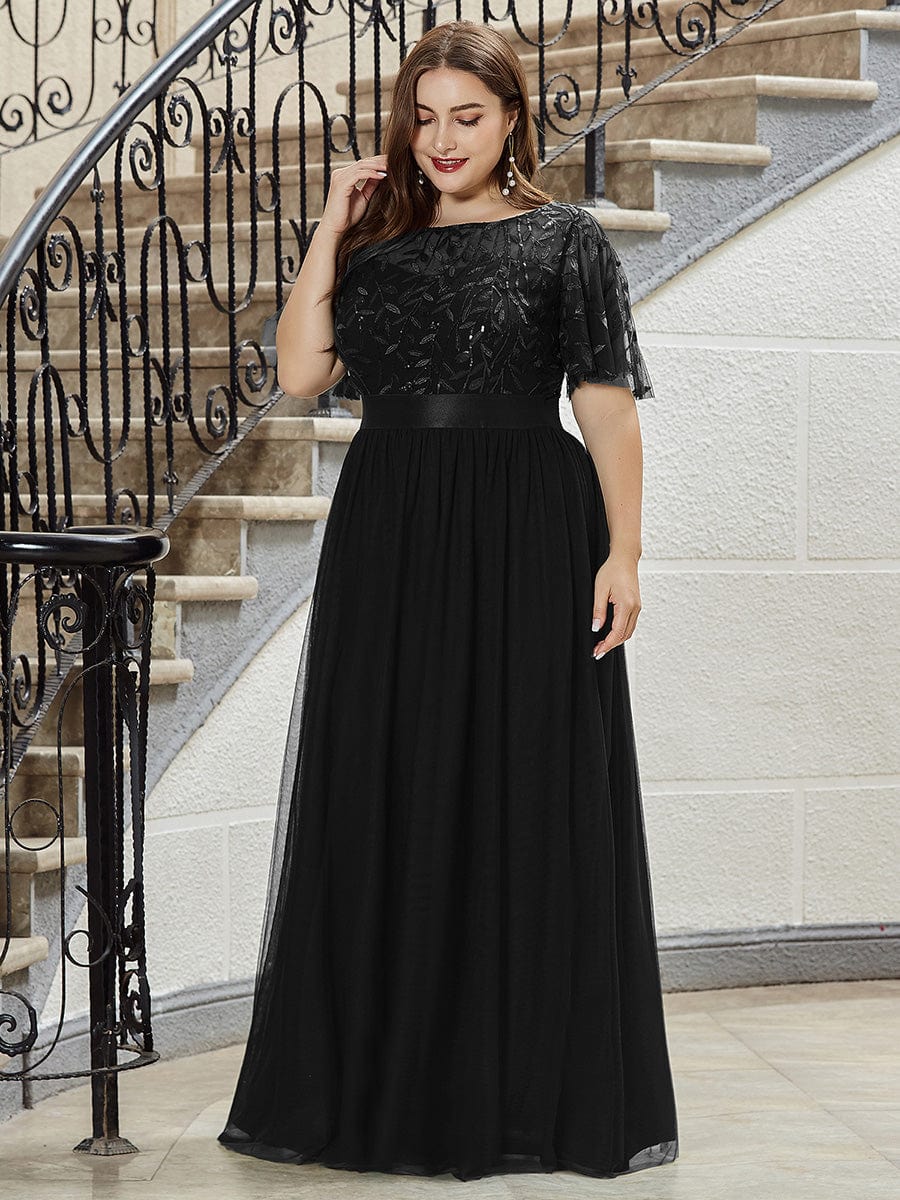 Women's A-Line Short Sleeve Embroidery Floor Length Evening Dresses #color_Black