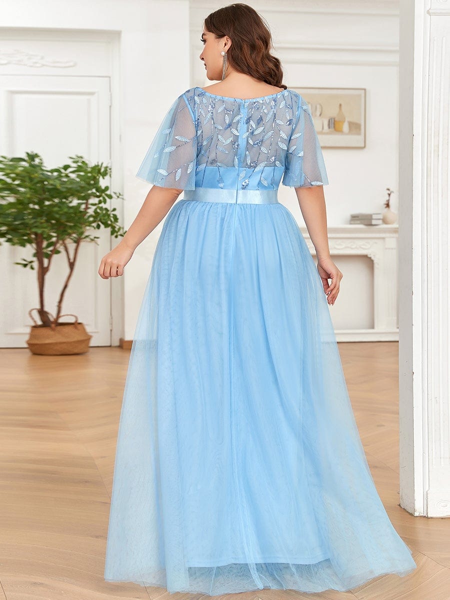 Plus Size Women's Embroidery Bridesmaid Dress with Short Sleeve #color_Sky Blue