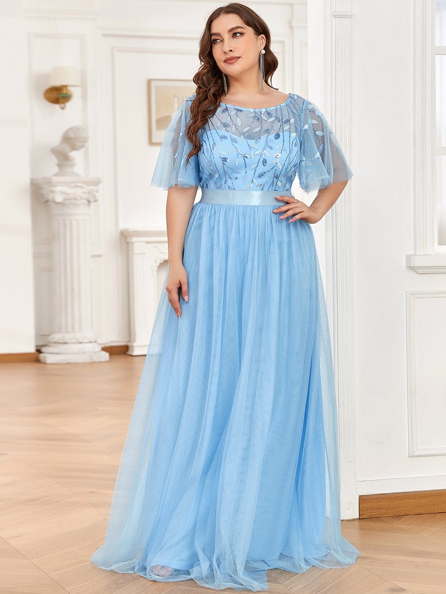 Plus Size Women's Embroidery Bridesmaid Dress with Short Sleeve #color_Sky Blue