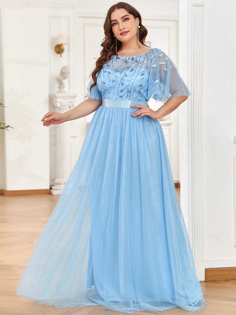 Plus Size Women's Embroidery Bridesmaid Dress with Short Sleeve #color_Sky Blue