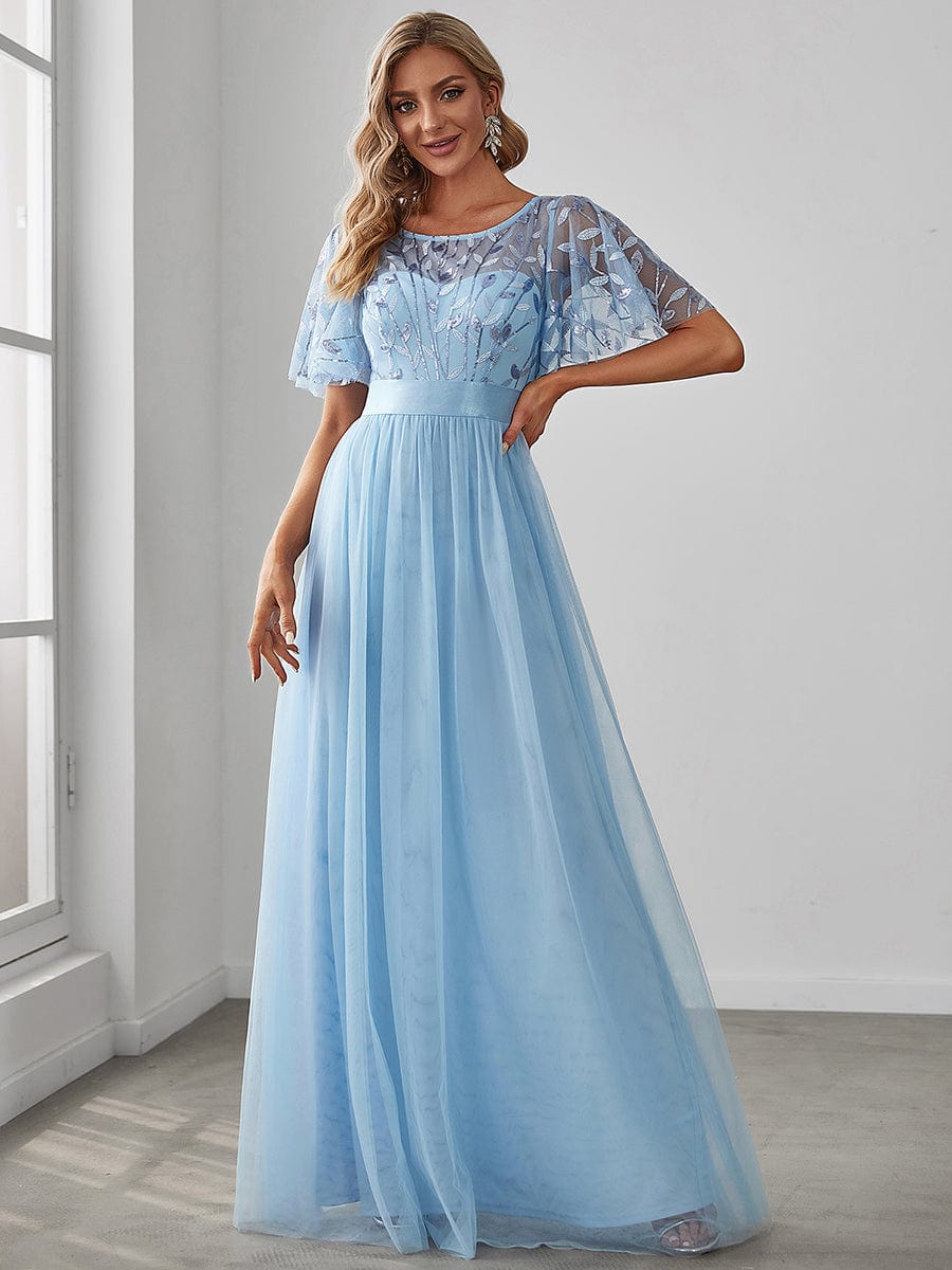 Women's A-Line Short Sleeve Embroidery Floor Length Evening Dresses #color_Sky Blue