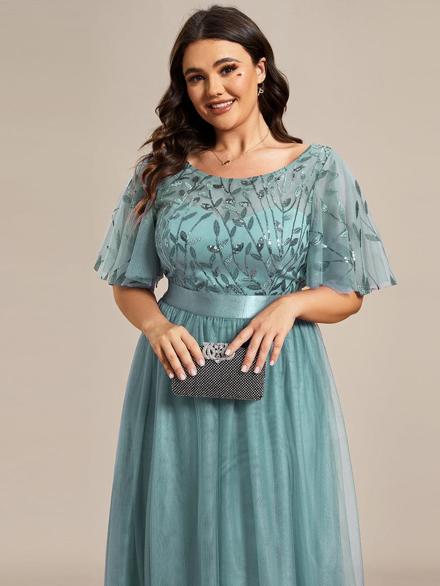 Plus Size Women's Embroidery Bridesmaid Dress with Short Sleeve #color_Dusty Blue