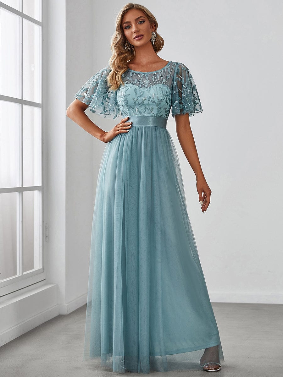 Women's A-Line Short Sleeve Embroidery Floor Length Wedding Guest Dresses #color_Dusty Blue