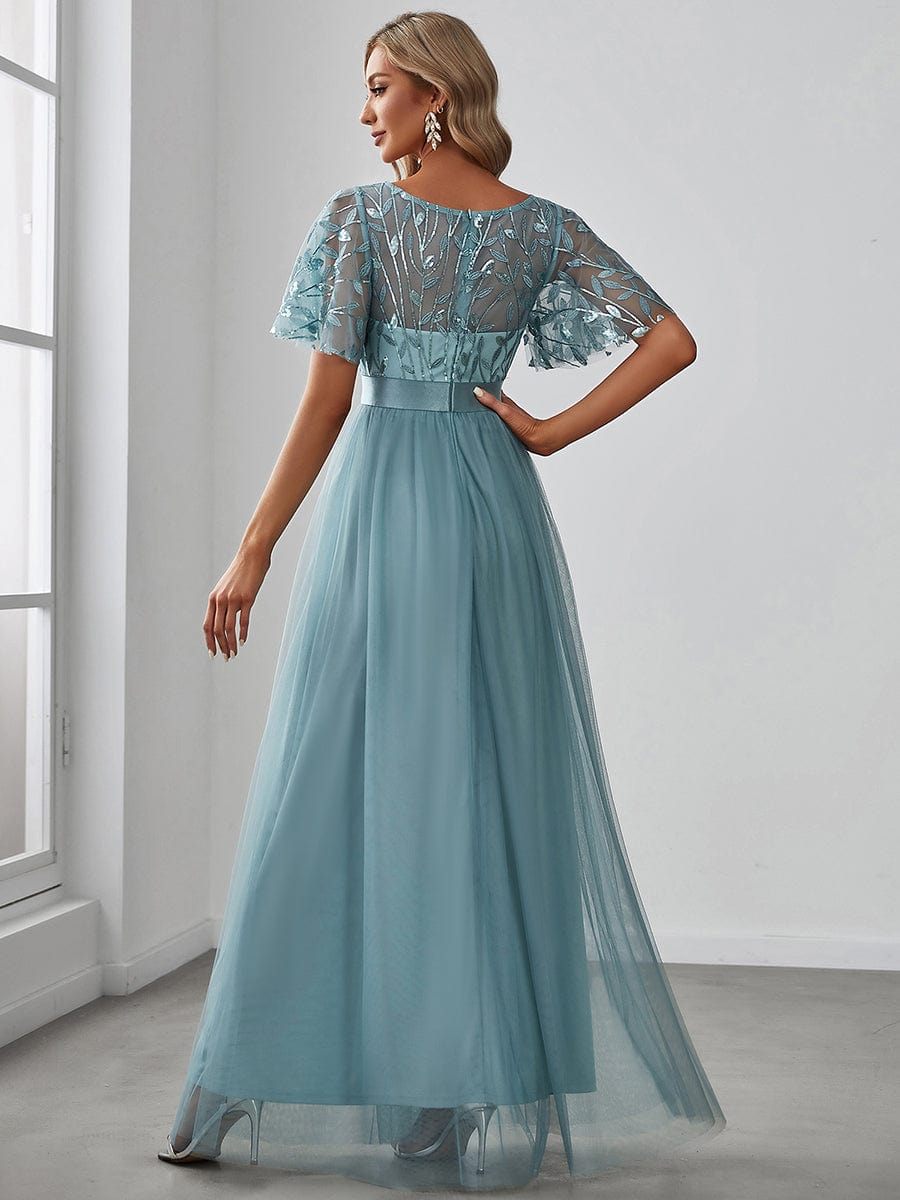 Women's A-Line Short Sleeve Embroidery Floor Length Wedding Guest Dresses #color_Dusty Blue