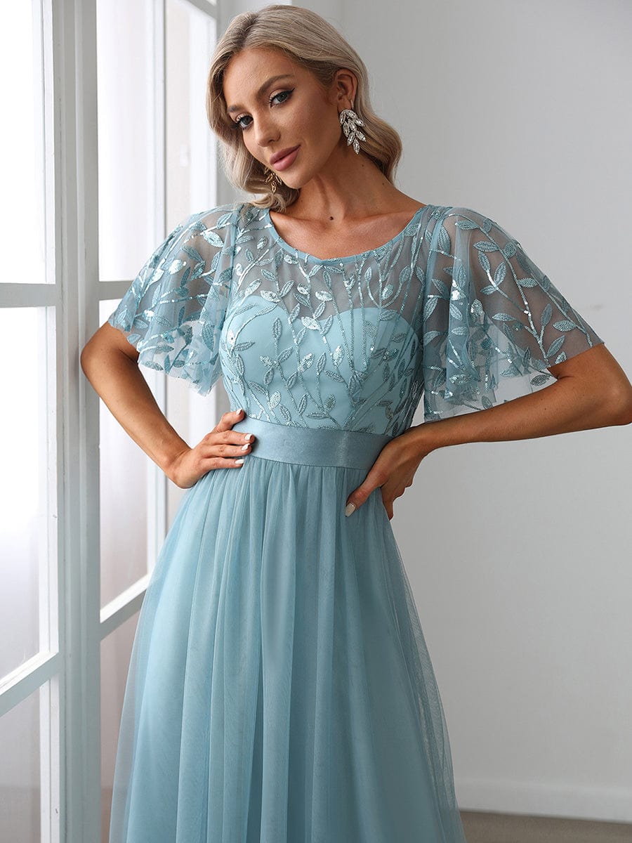 Women's A-Line Short Sleeve Embroidery Floor Length Wedding Guest Dresses #color_Dusty Blue