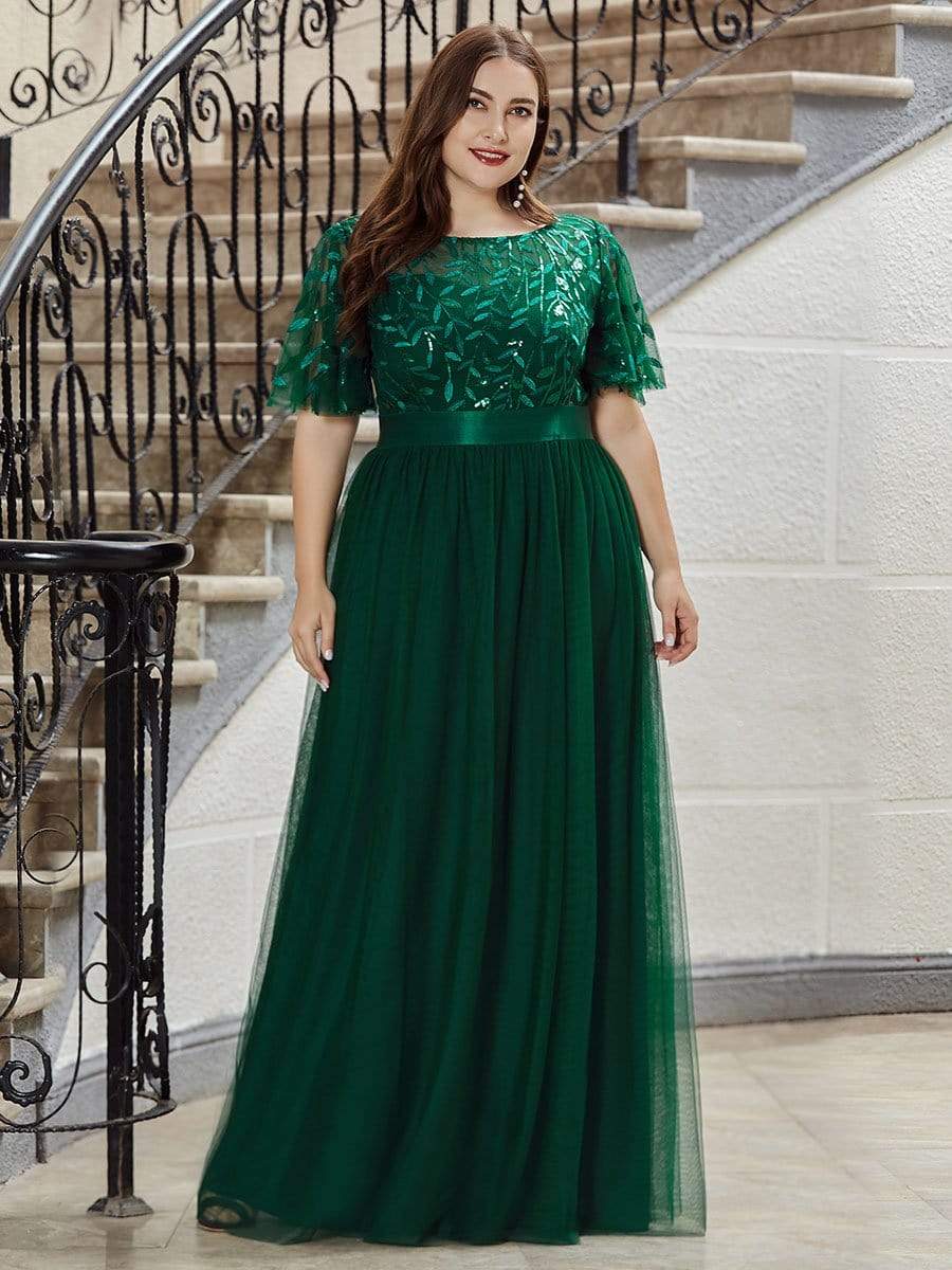 Plus Size Women's Embroidery Bridesmaid Dress with Short Sleeve #color_Dark Green