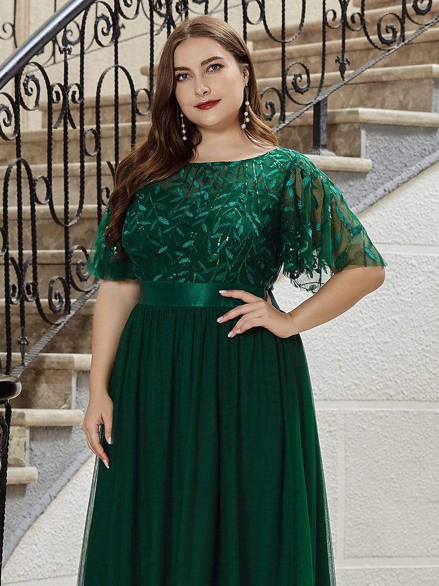 Plus Size Women's Embroidery Bridesmaid Dress with Short Sleeve #color_Dark Green