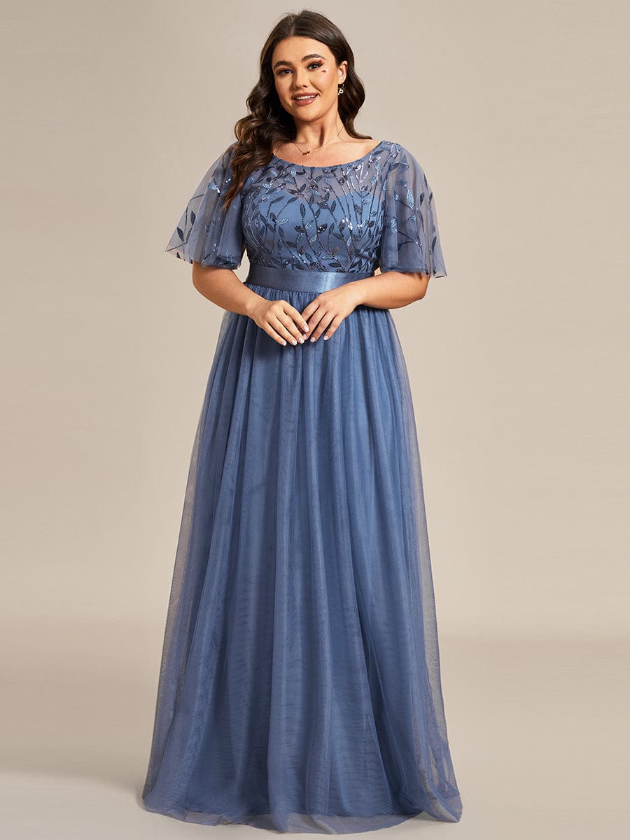 Plus Size Women's Embroidery Bridesmaid Dress with Short Sleeve #color_Dusty Navy