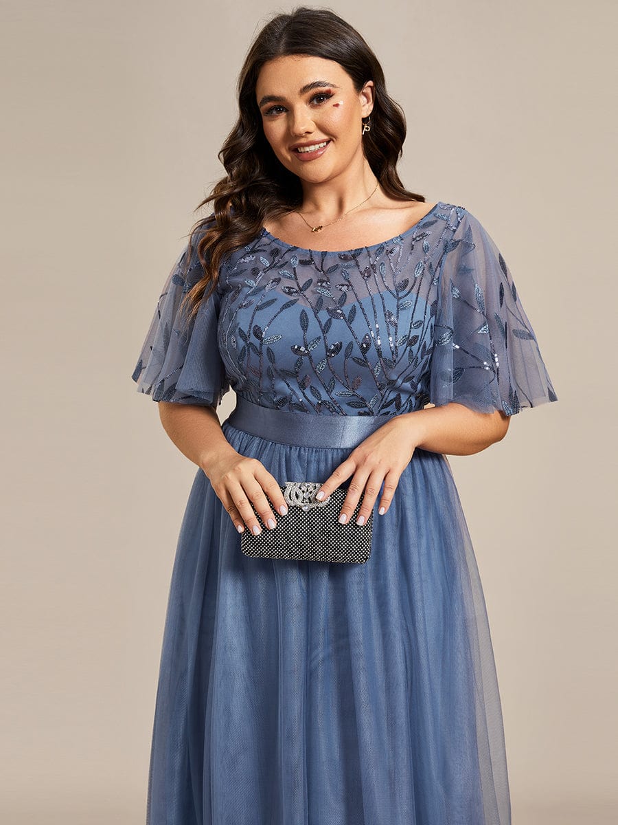 Plus Size Women's Embroidery Bridesmaid Dress with Short Sleeve #color_Dusty Navy