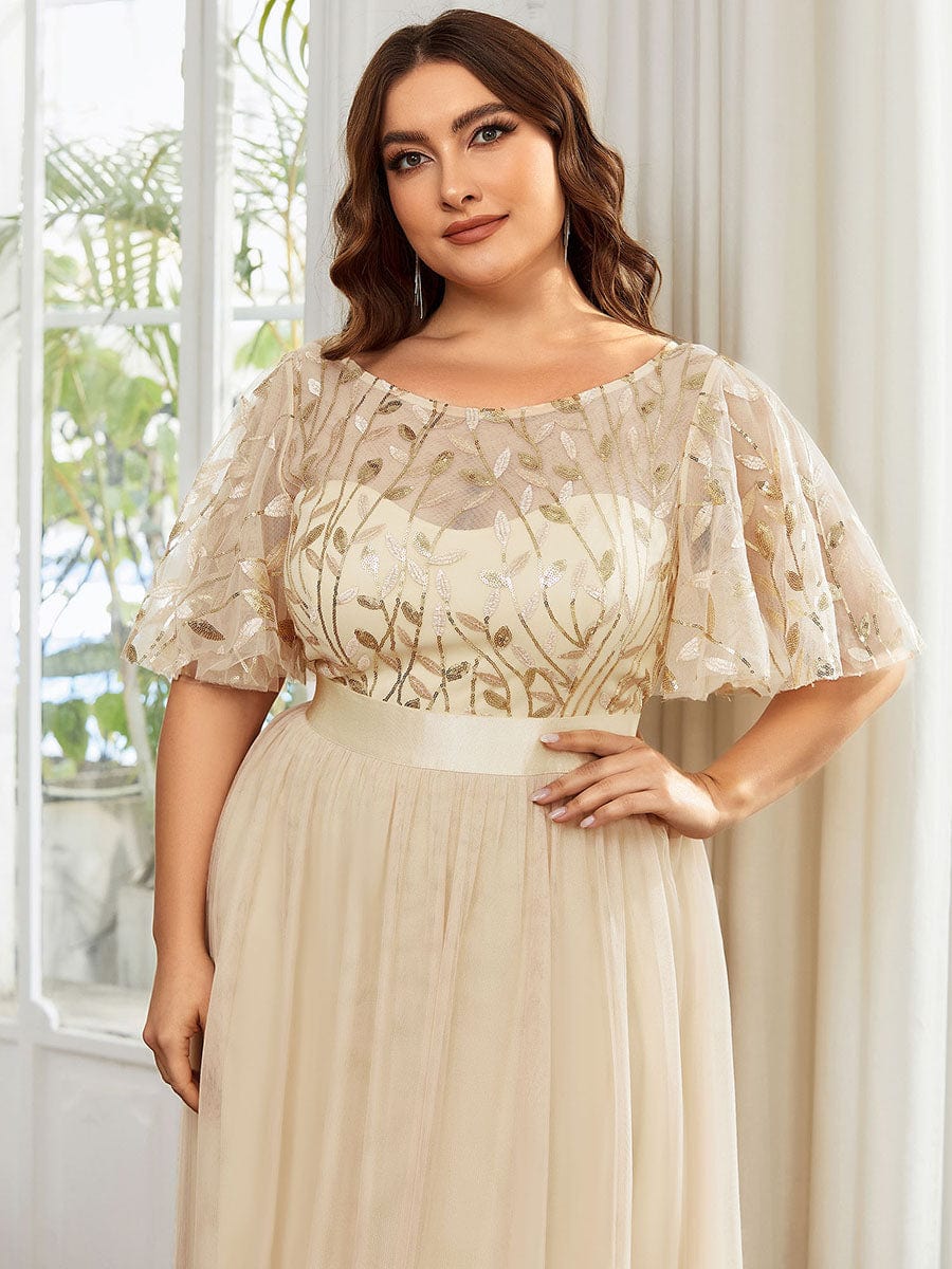 Plus Size Women's Embroidery Bridesmaid Dress with Short Sleeve #color_Gold