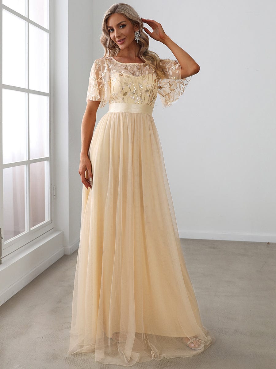 Women's A-Line Short Sleeve Embroidery Floor Length Wedding Guest Dresses #color_Gold