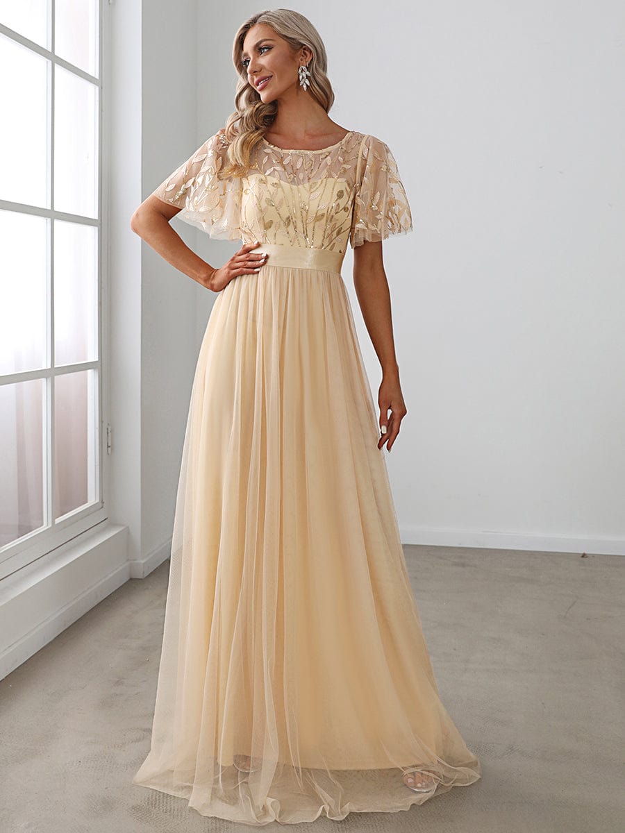 Women's A-Line Short Sleeve Embroidery Floor Length Wedding Guest Dresses #color_Gold