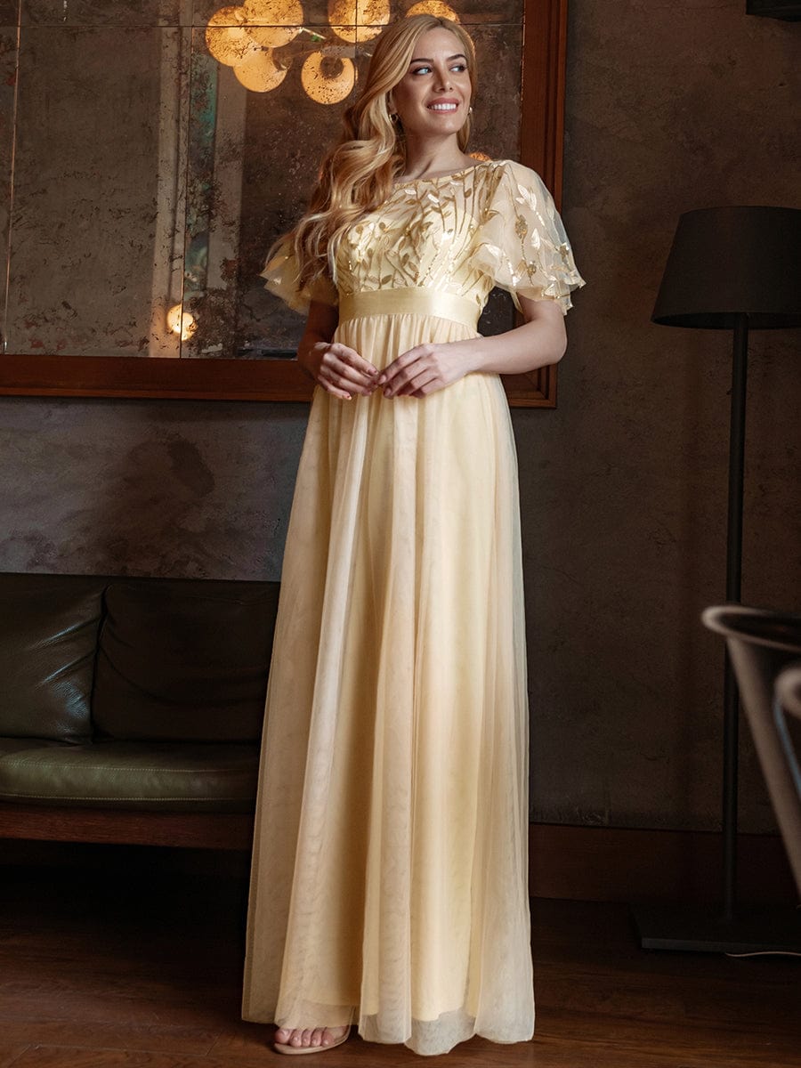 Women's A-Line Short Sleeve Embroidery Floor Length Wedding Guest Dresses #color_Gold